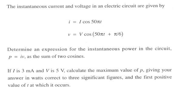 Solved The instantaneous current and voltage in an electric | Chegg.com