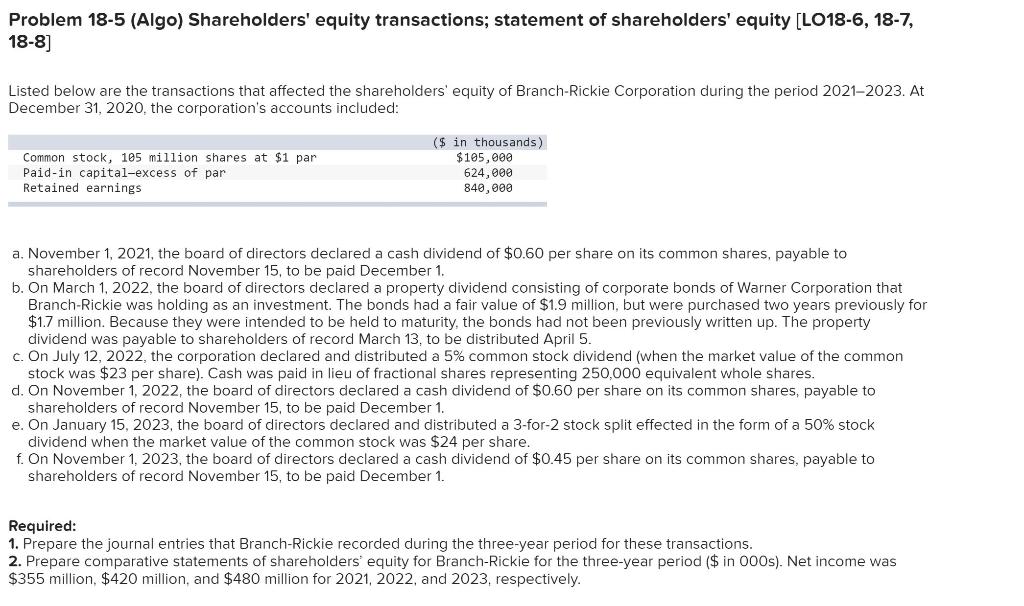 Solved Problem 18-5 (Algo) Shareholders' Equity | Chegg.com