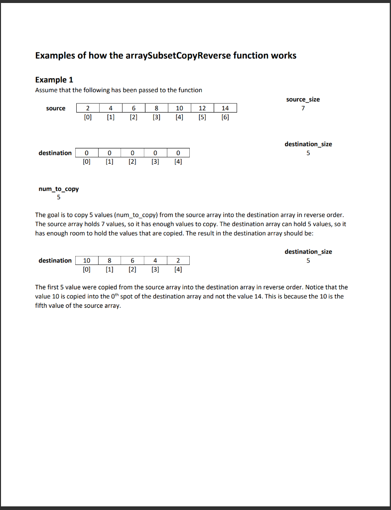 Examples of how the arraySubsetCopyReverse function works
Example 1
Assume that the following has been passed to the function