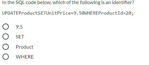 Solved In the SQL code below, which of the following is an | Chegg.com