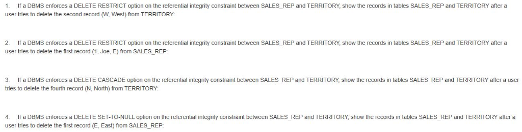1. If a DBMS enforces a DELETE RESTRICT option on the referential integrity constraint between SALES_REP and TERRITORY, show