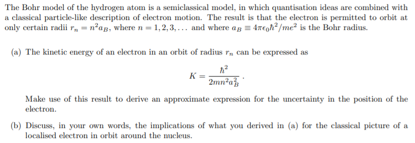 Solved The Bohr model of the hydrogen atom is a | Chegg.com
