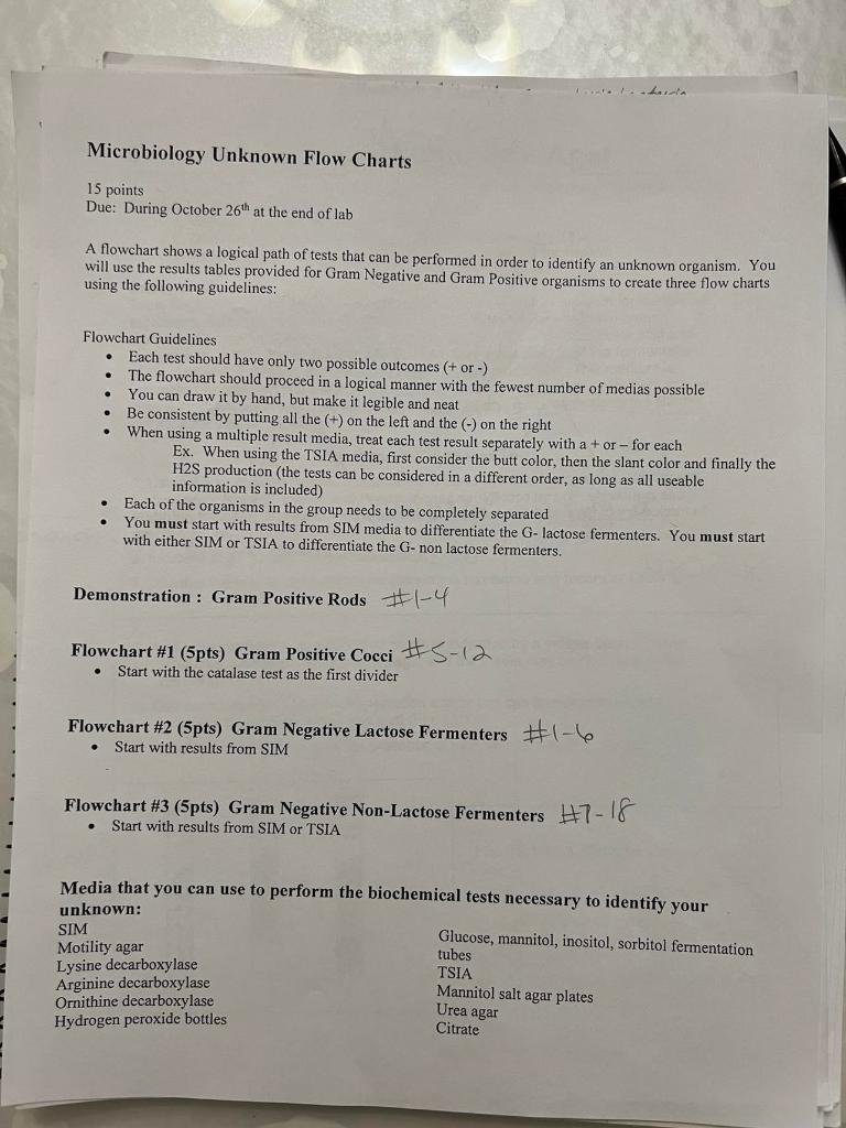 Microbiology Unknown Flow Charts 15 points Due