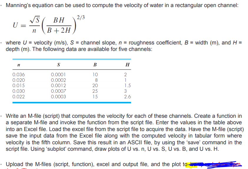 Solved • Manning's Equation Can Be Used To Compute The | Chegg.com