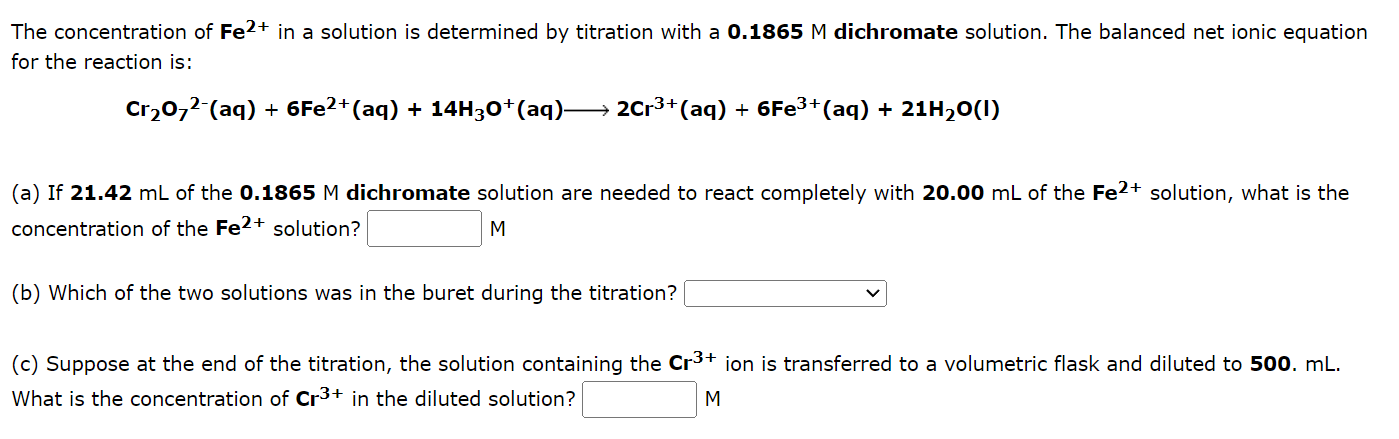 Solved he concentration of Fe2+ in a solution is determined | Chegg.com
