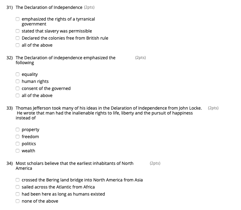 Solved 31) The Declaration of Independence (2pts) O | Chegg.com