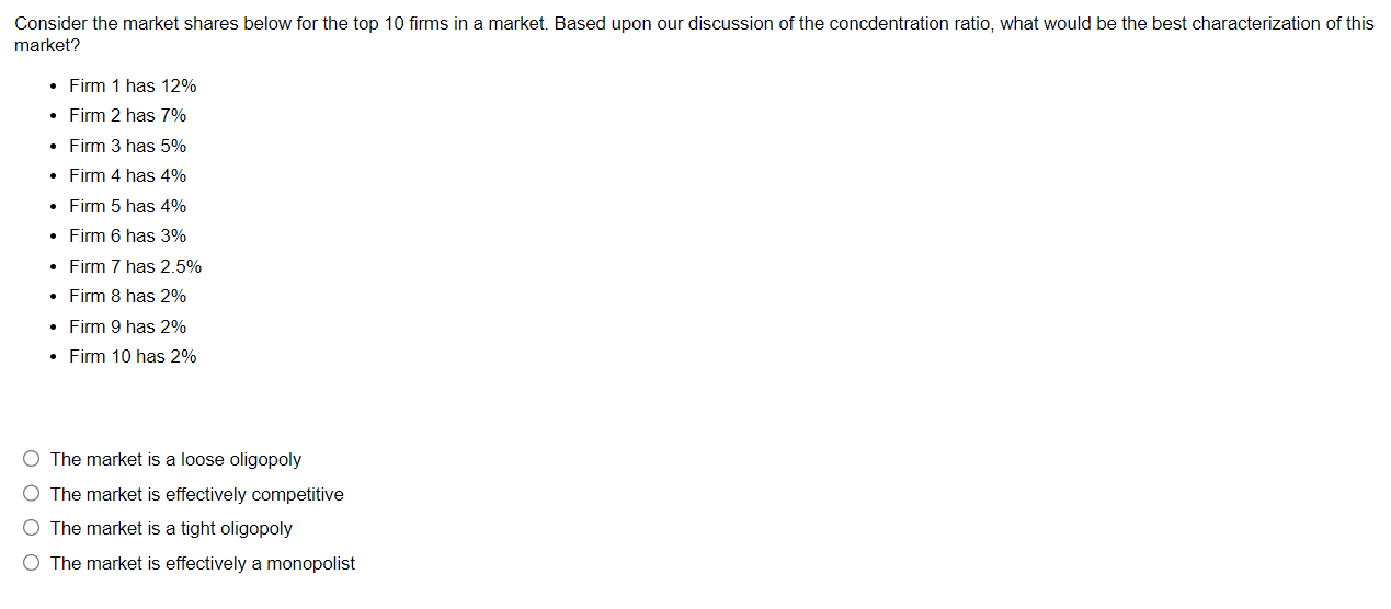 Solved Consider The Market Shares Below For The Top 10 Firms | Chegg.com