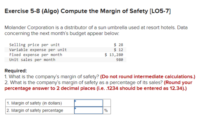 Solved Exercise 5-8 (Algo) Compute the Margin of Safety | Chegg.com
