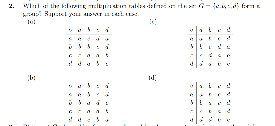 [Solved] 2. Which of the following multiplication tables d