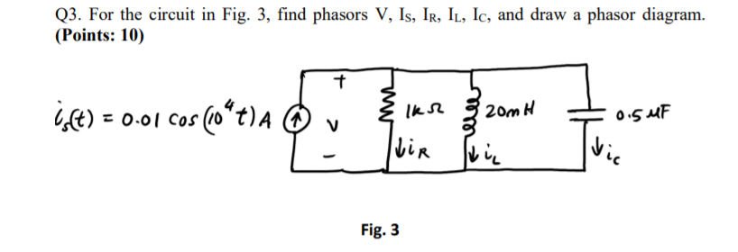 Solved Q3. For the circuit in Fig. 3, find phasors V, Is, | Chegg.com