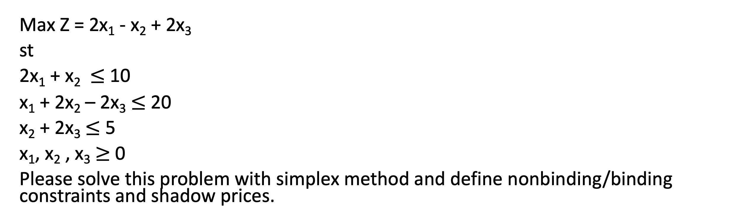 Solved Max Z = 2X1 - X2 + 2x3 st 2x1 + x2
