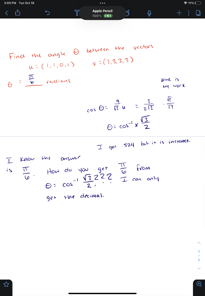 Solved θ=6π radians blue is my work cosθ=3⋅69=233⋅33 | Chegg.com