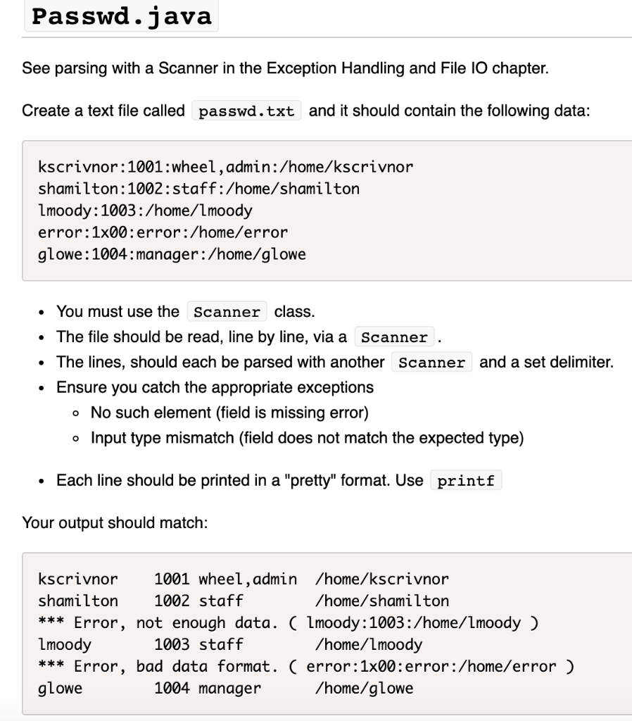 Solved Passwd.java See parsing with a Scanner in the | Chegg.com