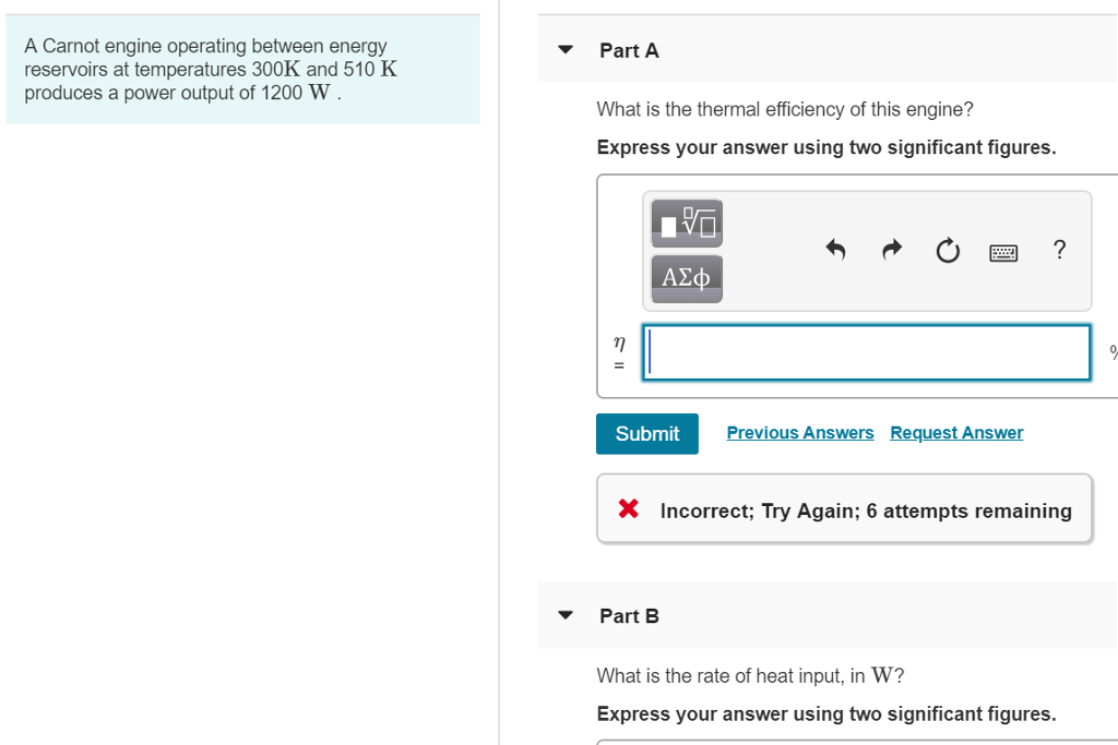 Solved A Carnot engine operating between energy reservoirs | Chegg.com