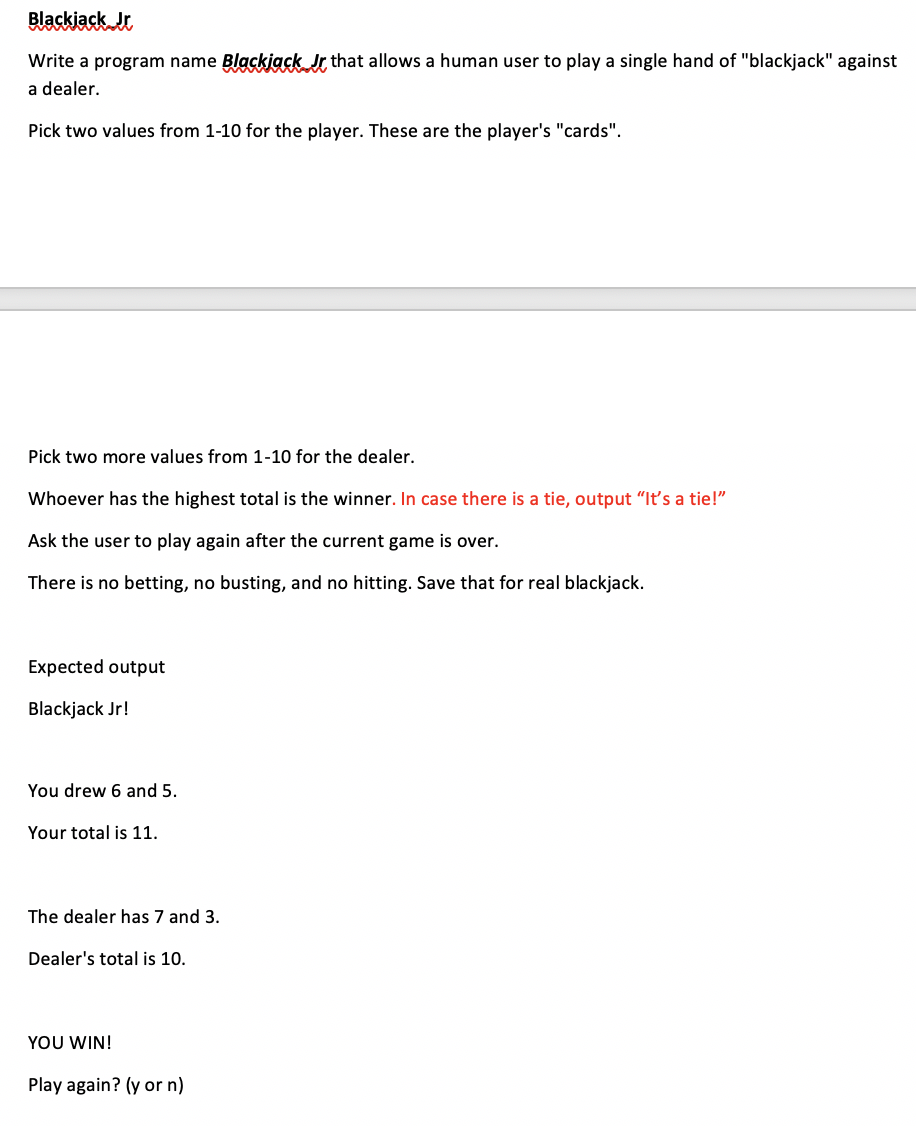 Solved Blackjack Jr Write a program name Blackjack Jr that | Chegg.com
