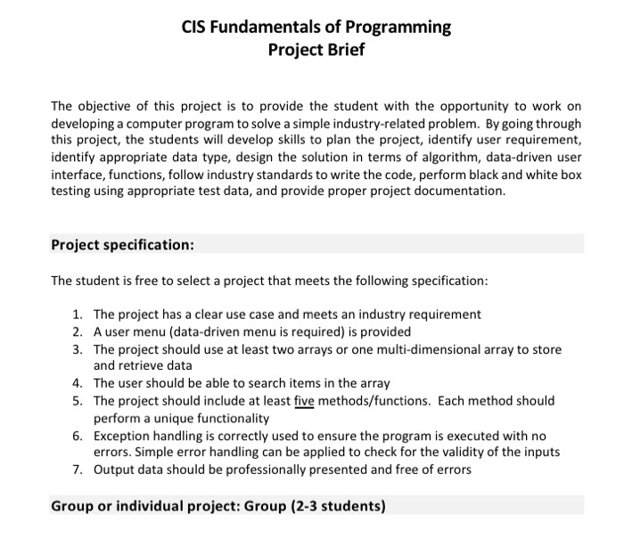 CIS Fundamentals of Programming Project Brief The | Chegg.com
