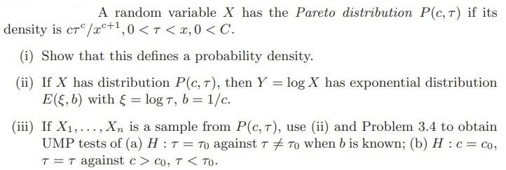 Solved A random variable X has the Pareto distribution Plc, | Chegg.com