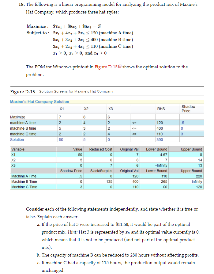 Solved 18. The following is a linear programming model for | Chegg.com