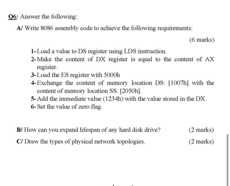 Solved 06: Answer the following: / A/ Write 8086 assembly | Chegg.com