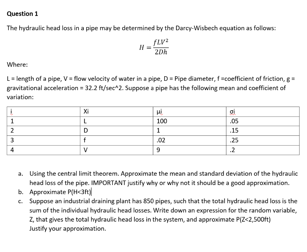 Question 1 The hydraulic head loss in a pipe may be