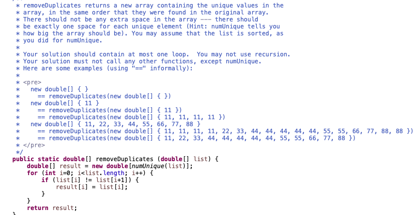 Solved removeDuplicates returns a new array containing the | Chegg.com