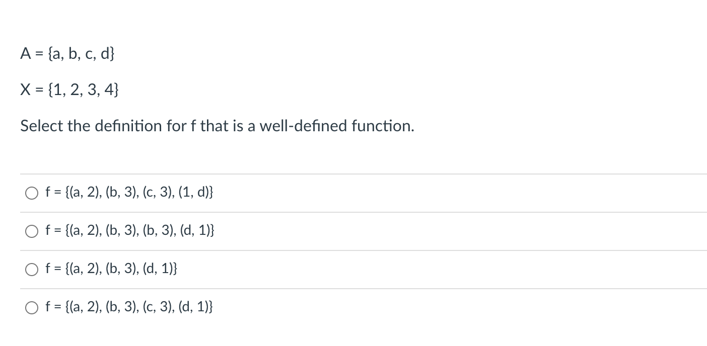 Solved A = {a, B, C, D] X = {1, 2, 3, 4} Select The | Chegg.com