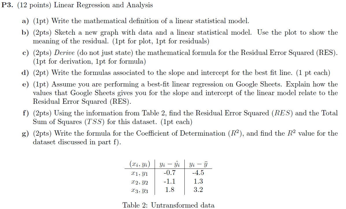 Solved P3. (12 points) Linear Regression and Analysis a) | Chegg.com