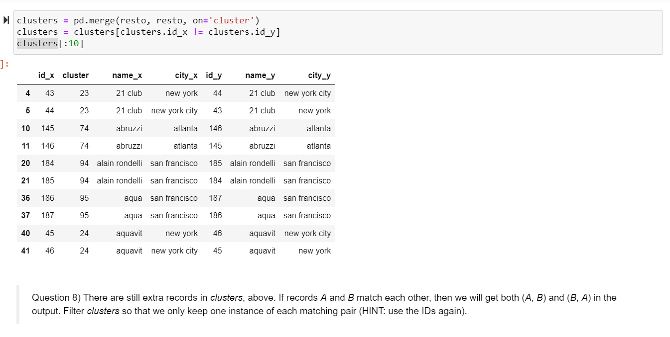 Solved clusters = pd.merge (resto, resto, on='cluster') | Chegg.com