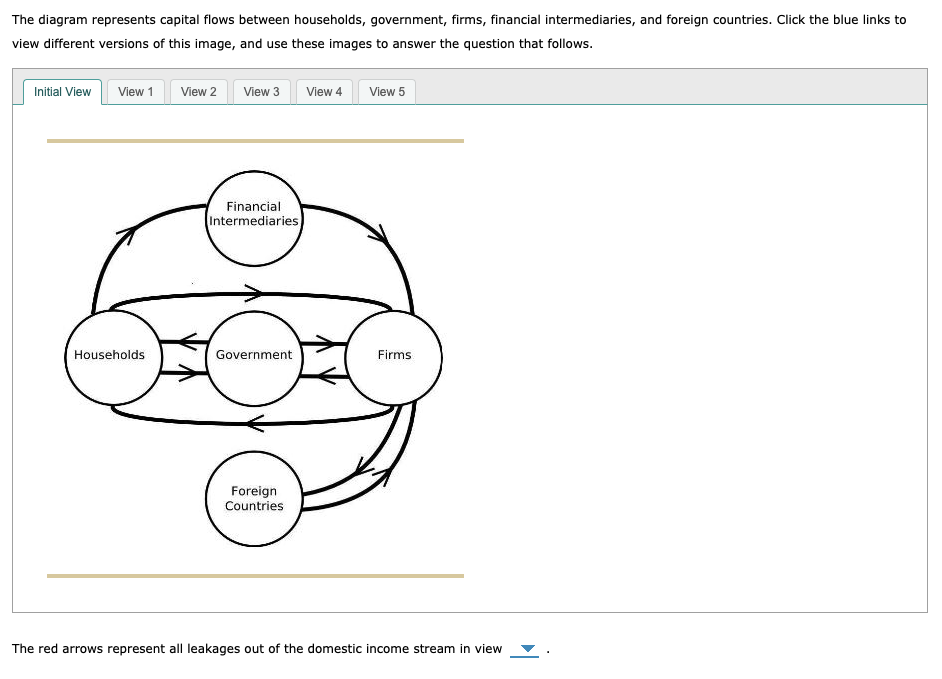 The diagram represents capital flows between households, government, firms, financial intermediaries, and foreign countries. 