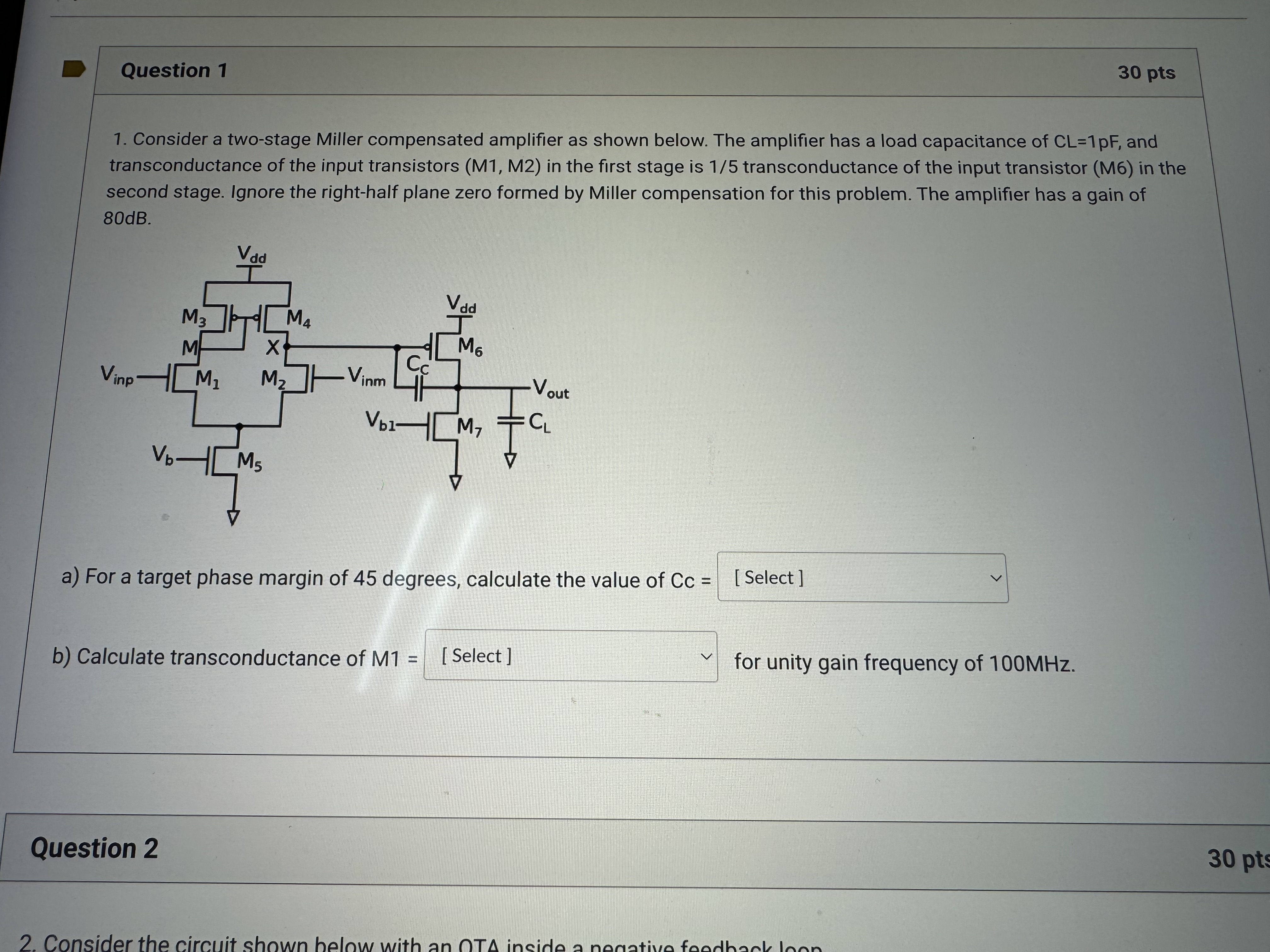 Solved 1. Consider a two-stage Miller compensated amplifier | Chegg.com