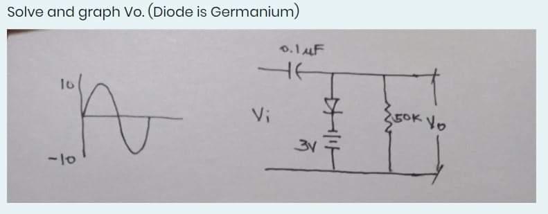 Solve and graph Vo. (Diode is Germanium) D. IuF lo Vi { 250k Vo 34 -lo