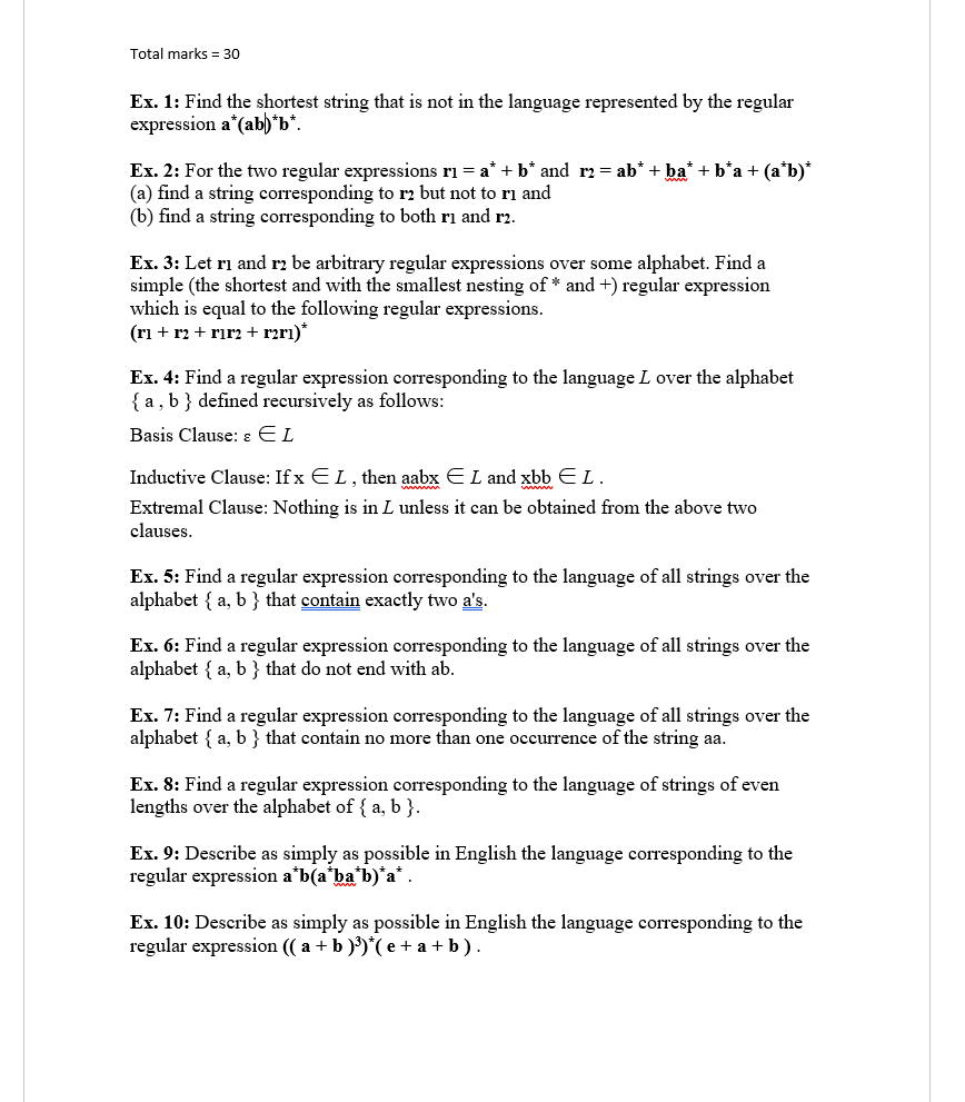 Solved Total Marks 30 Ex 1 Find The Shortest String That Chegg