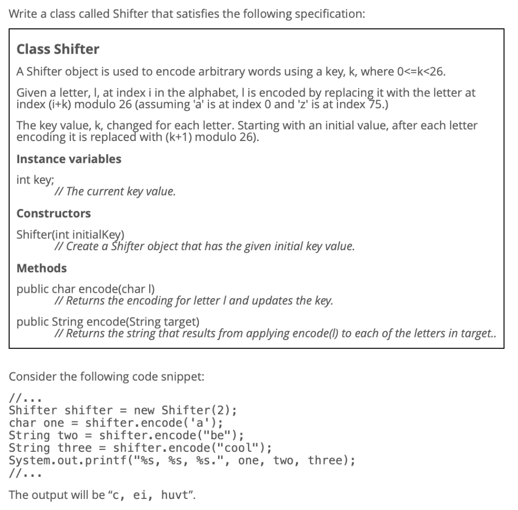 Shifter In Api Solved Write a class called Shifter that satisfies the | Chegg.com