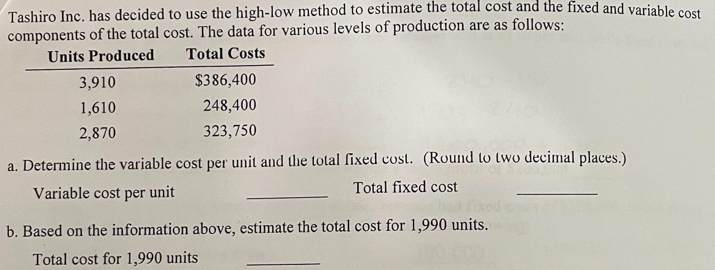 Solved Tashiro Inc. has decided to use the highlow method