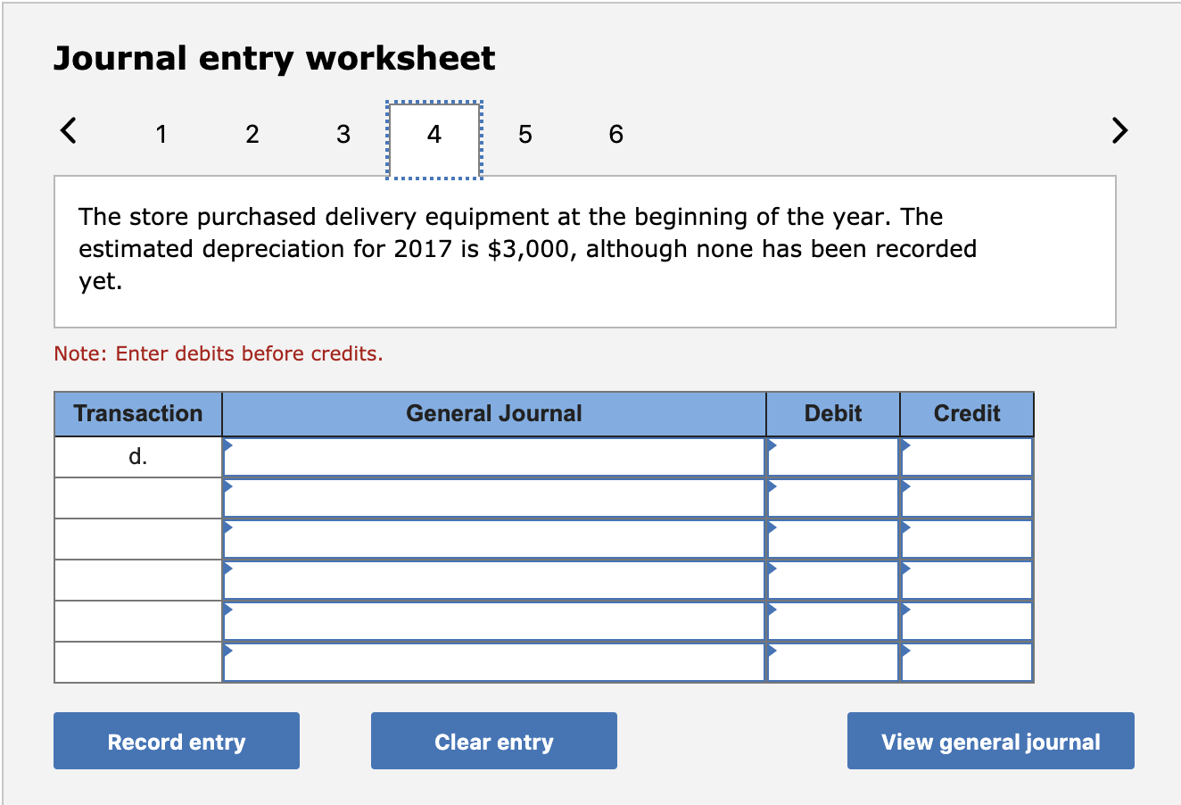 Journal entry worksheet the store purchased delivery equipment at the beginning of the year. the estimated depreciation for 2