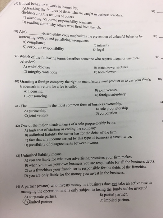 Solved 37) Ethical behavior at work is learned by: ng the | Chegg.com