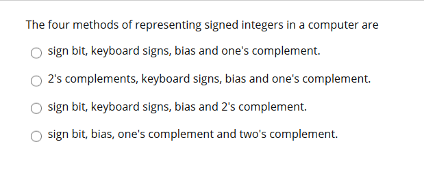 Solved The four methods of representing signed integers in a | Chegg.com