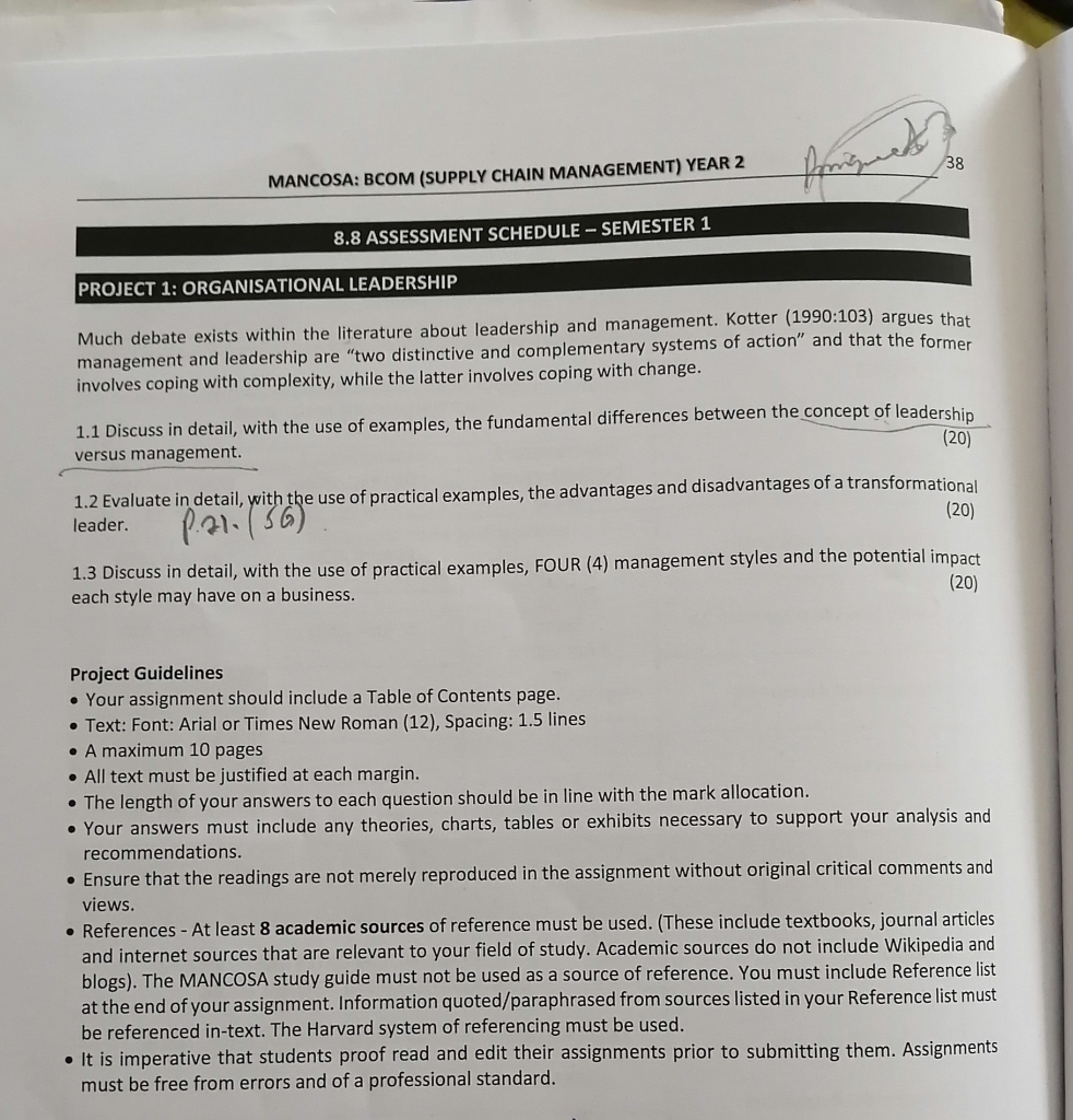 Solved MANCOSA (SUPPLY CHAIN MANAGEMENT) YEAR 2