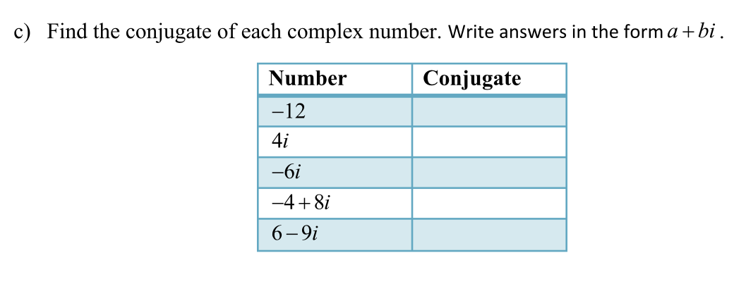 Solved c) Find the conjugate of each complex number. Write | Chegg.com