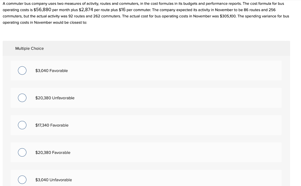 Solved A Commuter Bus Company Uses Two Measures Of Activity, | Chegg.com