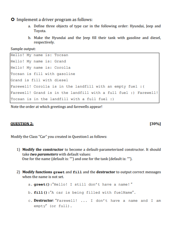 Solved [40%) QUESTION 1: O Define a class "Car" as follows: | Chegg.com