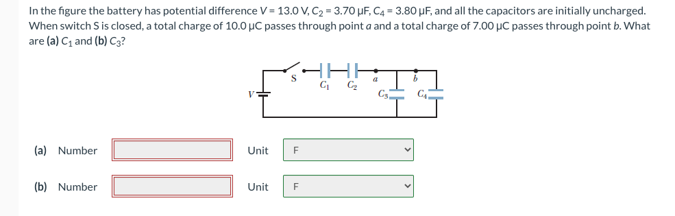 In the figure the battery has potential difference \( V=13.0 \mathrm{~V}, C_{2}=3.70 \mu \mathrm{F}, C_{4}=3.80 \mu \mathrm{F