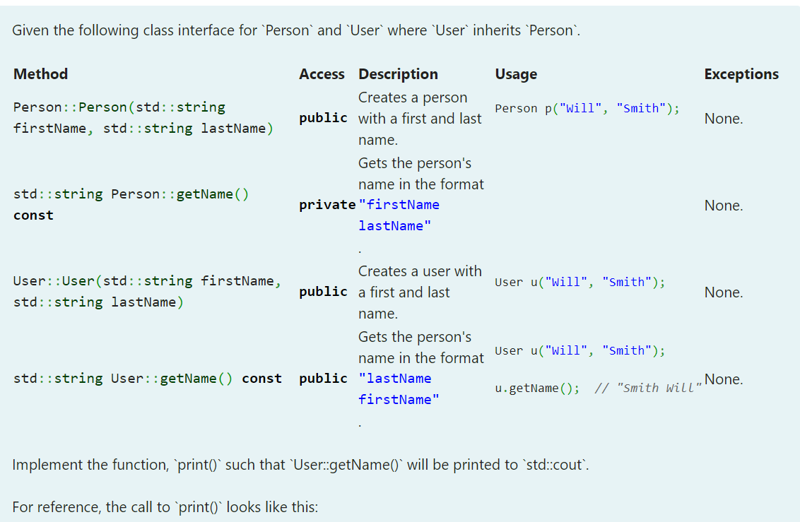 Solved Given the following class interface for 'Person' and | Chegg.com