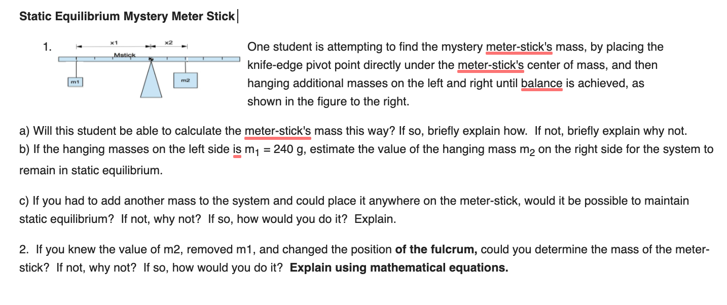 Solved Static Equilibrium Mystery Meter Stick 1. *1
