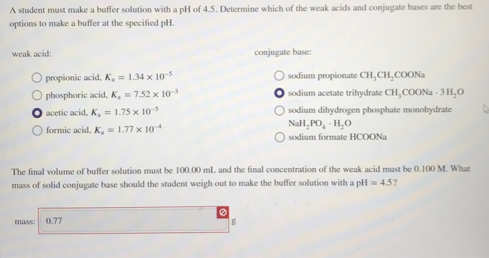 Solved A student must make a buffer solution with a pH of | Chegg.com