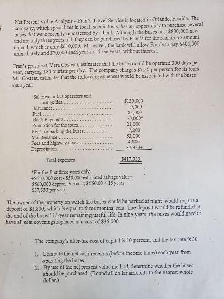 Solved Net Present Value Analysis Fran s Travel Service Is Chegg