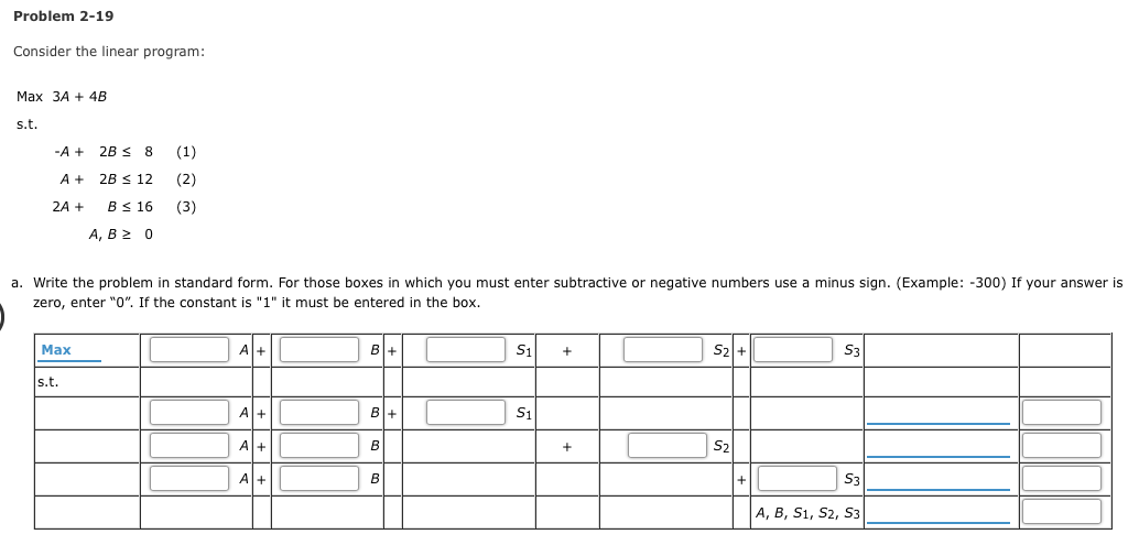 Solved Problem 2-19 Consider the linear program: Max 3A + 4B | Chegg.com