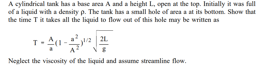 Solved A cylindrical tank has a base area A and a height L, | Chegg.com