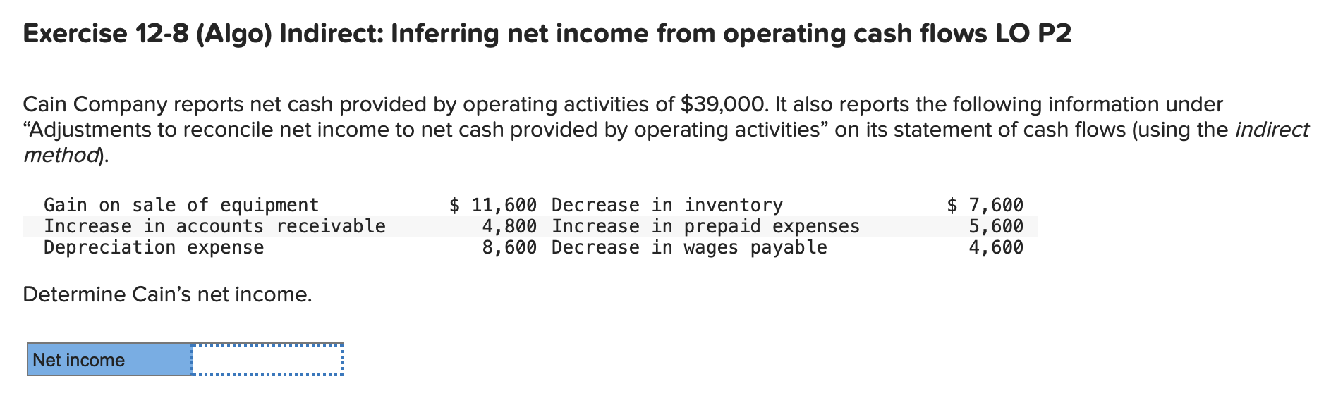 Solved Exercise 12-8 (Algo) Indirect: Inferring net income | Chegg.com