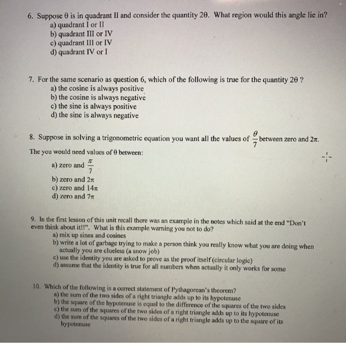 Solved 6. Suppose θ is in quadrant II and consider the | Chegg.com